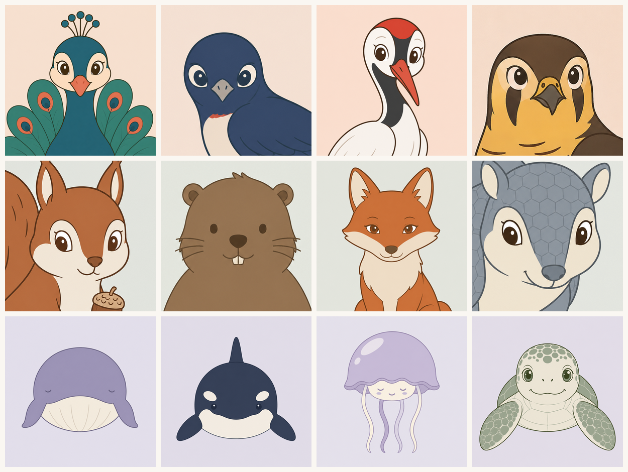 12タイプを表す動物のイラスト。上段が空族、中段が陸族、下段が海族。